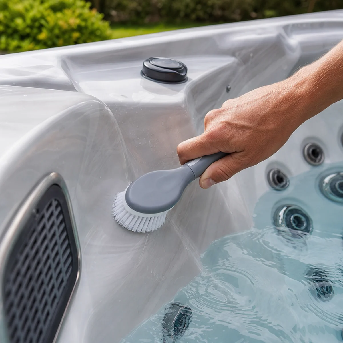 Person cleaning a hot tub with a brush