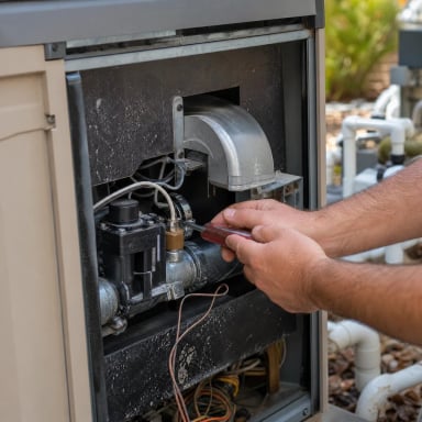 Technician servicing pool equipment